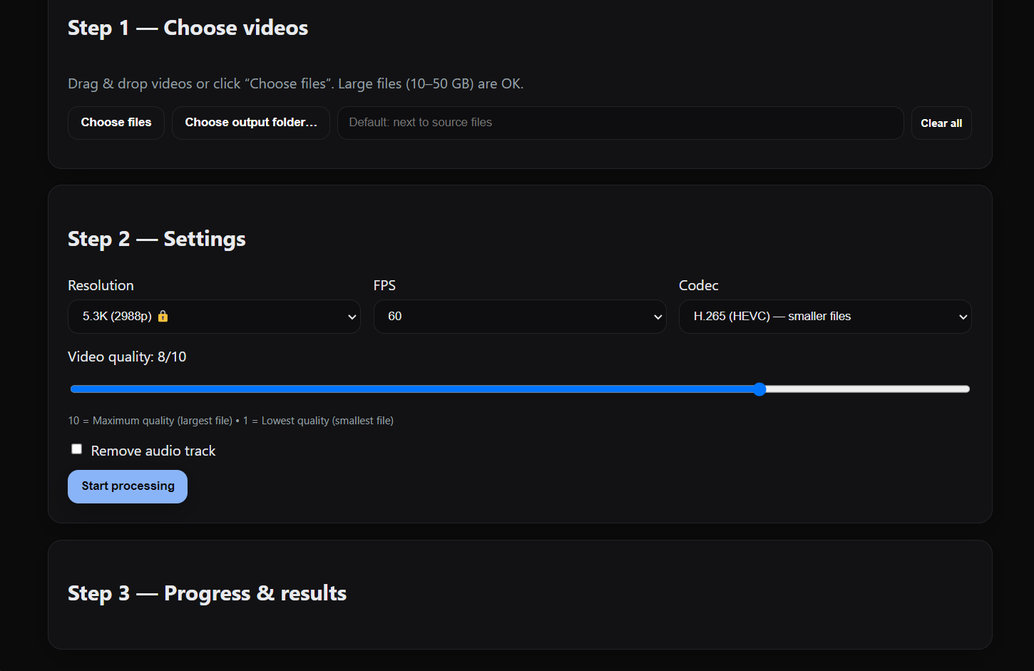 Screenshot of the VidResizePro application compressing a 4K video file on Windows.